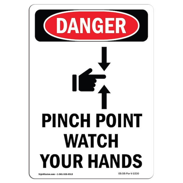 OSHA Sign, Pinch Point Watch Your Hands, 5in X 3.5in, 10PK, 3.5" W, 5" L, Portrait, PK10